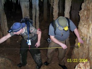 Josh Owen and John Boswell survey a vadose cave near Aktun Chen, Mexico.