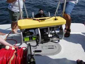 Fuqua students launch the ROV from the vessel on the wreck of the SS Commodore.  ROV courtesy of Baxley Ocean Visions, Inc.